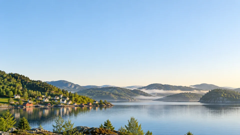 Illustrated wooded shoreline beside calm blue water